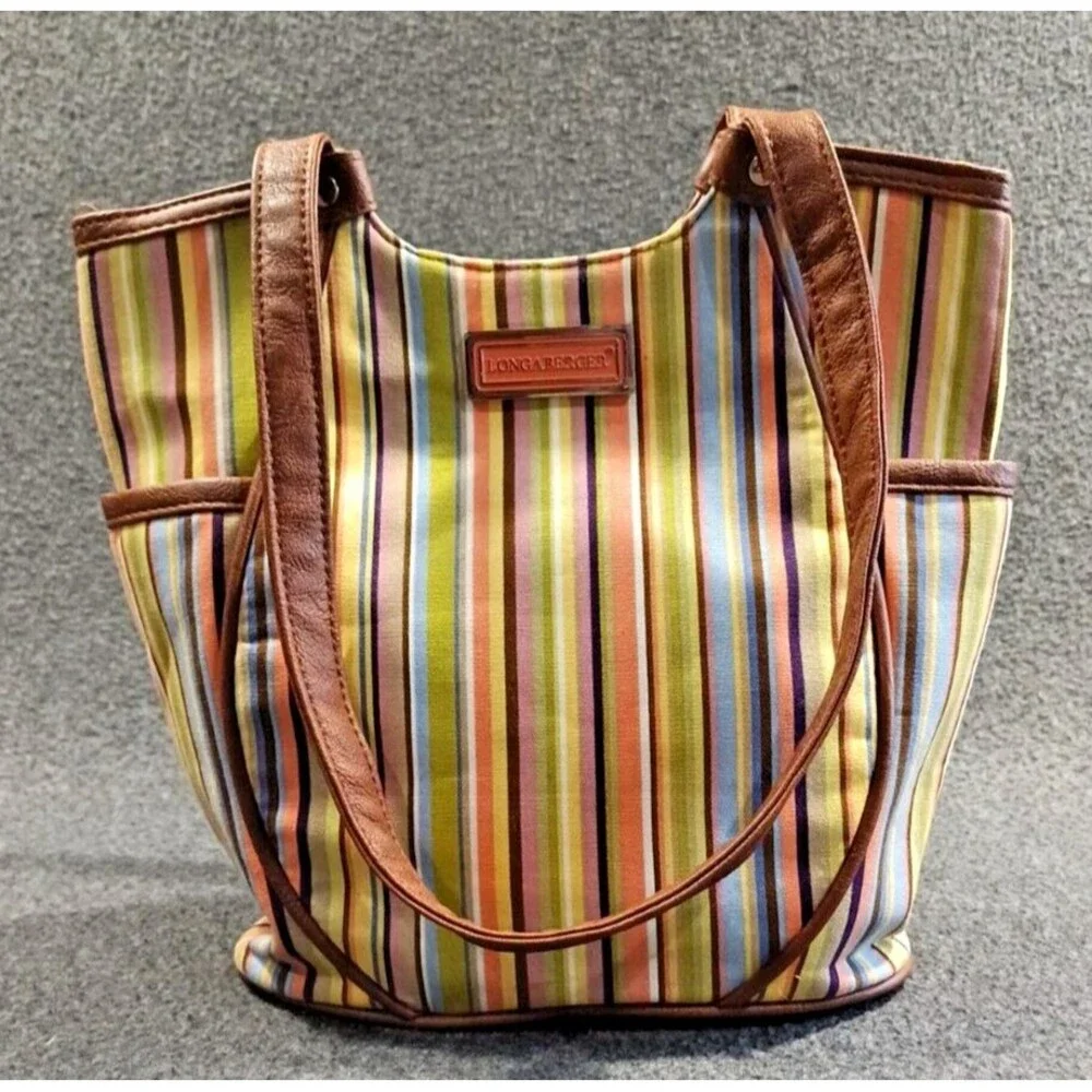 Longaberger Tote Bag Multicolor Stiped Brown Leather Handles and Bottom Pockets